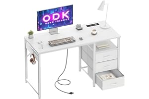 ODK Scrivania con 3 Cassetti, 120x48x75,5 cm Scrivania per Ufficio con 2 Prese di Corrente e Prese USB, Scrivanie PC Reversibili Scrittoio Scrivanie per Computer Domestico, bureau, Bianco