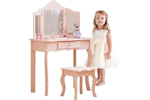 Jooli Girls Dressing Table with Mirror and Stool, Kids Wooden Vanity Table with Drawer and 3 Foldable Mirrors, Children's Makeup Desk for Age 3-12, Pink