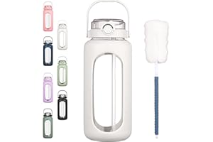 BLUEGO 2L Gourd en verre Avec paille Marqueur de temps Bouteille d'eau Motivation avec manchon en silicone 2 litres Grande carafe d'eau en Verre pour Gym, sports et entraînement, Blanc