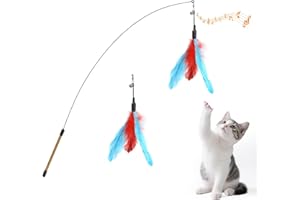 Pawaboo Pluma de Juguete para Gato, 88cm Interactivo Colector del Gatito de Extra Largo, Varita Cazador para Ejercitar Gatos y Gatitos, Azul + Marrón Rojizo