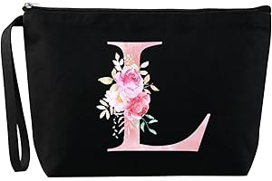 Blisswave Trousse de Toilette A-Z, Cadeaux Personnalisés pour Femmes, Fille, Maman et Amies, Noël, Anniversaires, Petite Trousse Maquillage Roses Élégante et Mignonne, Ornée de Vos Initiales (Noir)