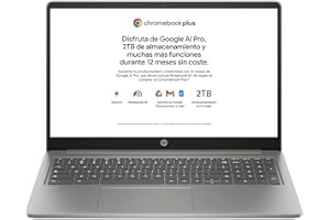 HP Chromebook Plus - Ordenador portátil de Google 15.6" FHD (i3-N305, 8GB RAM, 256GB, ChromeOS) + Suscripción Google AI Pro con Gemini Pro y 2TB de Almacenamiento Durante 1 año - QWERTY Español