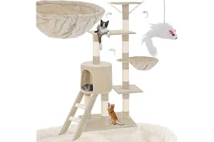 Tectake® Arbre à Chat Griffoir 144cm - Maison Intérieure avec Grattoir, Rampe, Couchage, Hamac, Échelle et Lit - Jeux pour Appartement - Souris de Jeu Incluse