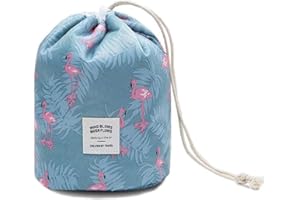DWE Makeup Bags for Women, Waterproof Round Travel Drawstring Make Up Organizer Cosmetic Bag (A Flamingo Blue)