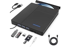 TOMVYTER 7 en 1 Lecteur Blu-Ray Externe, Portable Blu Ray Externe Lecteur DVD/BD Graveur Blu Ray avec USB 3.0 Type-C, 3D DVD CD Graveur Optical Bluray Drive pour PC Windows 11 10 8 7