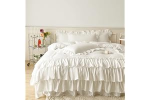 IHOUSTRIY Ruffle Duvet Cover Queen Size,100% Washed Microfiber 3pcs Bedding Duvet Cover Set, Shabby Chic Farmhouse Duvet Cover and Pillow Shams, Zipper Closure & Corner Ties, Easy Care, White - Queen