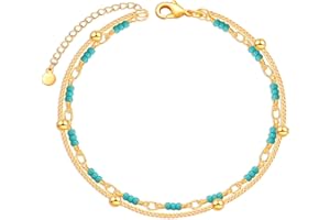 VIVILE Gold Silber Türkis Perlen Fußkettchen für Damen und Mädchen,Festival und Strand Accessoires,Handmade Boho Fußkettchen Größenverstellbar,Wasserfester Schmuck