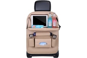 BWGHBH 1 Paquete Organizador para Coche,Organizador Asiento Coche,Pu Cuero Protector de Asiento Niños con Comedor Poseedor Bandeja Resistente al agua Multi-Bolsillo de Almacenamiento Beige