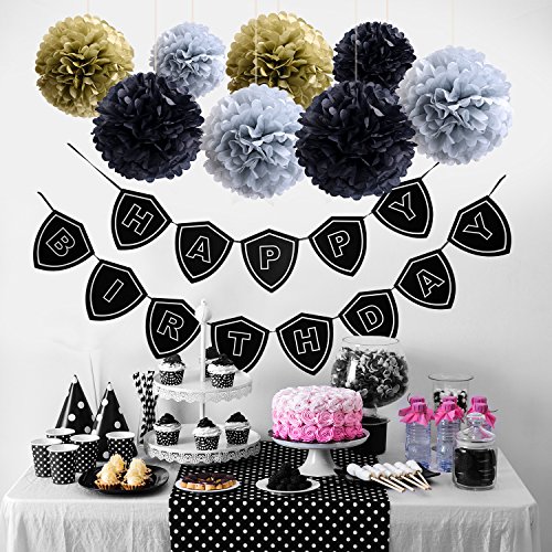 Mudder Happy Birthday Banner Schwarz Girlande Flagge mit 8 Stück Papier Pompons zum 21. 30. 40. 50. 60. Geburtstag für Geburtstag Party Dekoration - 6