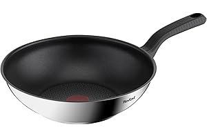 ‎TEFAL TEFAL G72619 Comfort Max Patelnia Wok 28 cm, stal nierdzewna 18/10, nieprzywierająca powłoka, wskaźnik Thermo Signal, nienagrzewający uchwyt, do wszystkich kuchenek, srebrny/czarny
