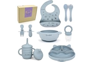 Acenotch Little Tots Baby Feeding Set 10-Piece Suction Plate Toddler Plates Kids Plates BPA-Free Non-Toxic Includes Baby Cup, Bowls, Weaning Set & More – New Parents (Dusty Blue)