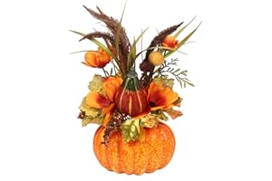 SUREH Large Artificial Pumpkin with Flowers and Berries Fall Harvest Pumpkin Decorations for Table Halloween Thanksgiving Autumn Party Favors Ornaments Tabletop Pumpkin Decor