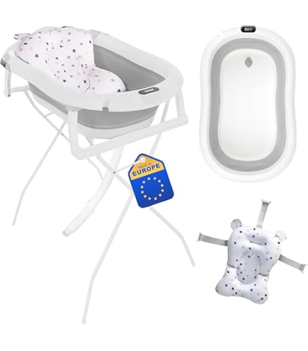 Baignoire Pliante Bébé Sur Pied Avec Thermomètre - Confort Et Sécurité Dès La Naissance, Facile à Ranger