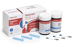 sinocare Tiras de Glucosa pour Medidor de Glucosa Safe AQ Smart&Voice, Fecha de Caducidad Fresca con 50 Tiras y 50 Lancetas en mg/dL