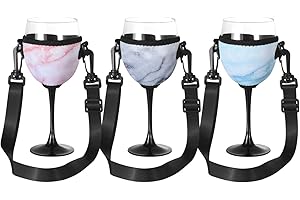 Beautyflier Wine Glass Insulator/Drink Holder/Neoprene Sleeve with Adjustable Neck Strap For Wine Walk (Marble Blue/Pink/Gray)