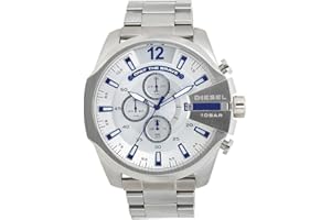 Diesel Reloj para hombre Mega Chief, movimiento cronógrafo de cuarzo, caja de acero inoxidable plateado de 59 mm con correa de acero inoxidable, DZ4308