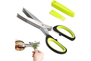 PCSFOE Forbici per Erbe Aromatiche,Forbici da cucina a 5 Lame in Acciaio Inox,Con spazzolino per la pulizia e coperchio di sicurezza,Forbice da Cucina per Erba Cipollina,Prezzemolo,Erbe Aromatiche,Spezie