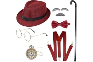 Gionforsy 20s Men's Costume Accessories Set Gatsby 1920s Mafia Accessory Set with Hat Glasses Braces Bow Tie Pocket Watch Stick Beard for Great Gatsby Party Halloween Carnival Fancy Dress