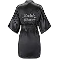 EPLAZA Women's One Size Silver Rhinestones Bride Bridesmaid Short Satin Robes for Wedding Party Getting Ready (Black, Maid of Honor)