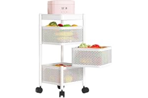 ‎HEIKOECO Heikoeco® Servierwagen, Küchenwagen, platzsparender Rollwagen, drehbarer Servierwagen mit Rollen, Küchenwagen auf Rollen, Bad, Küchen, Büro 3 Ebenen Eckig weiß 61 * 29 * 29cm