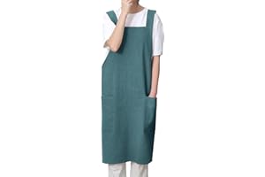 Pincy Cotton Linen Apron for Women - No-ties Cross Back Apron with Pocktes, Great for Florist, Coffee House and Kitchen