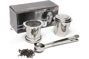 TESTEL Dido´s Pack de 2 Infusor de Té en Acero Inoxidable Colador Filtro con Tapa y Asa para Tazas de Té Café Té a Granel Hojas Sueltas, con Bandejas de Goteo y Cuchara