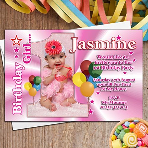 10 Personalised Girls 1st First Birthday Party PHOTO Invitations N21