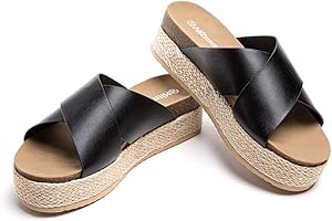 Hitmars Sandalen Damen Pantoletten Keilabsatz Sommer Strand Espadrilles Frauen Offener Zeh Cross Strap Hausschuhe Römer Plateau 5.3cm Schwarz Braun EU36-42