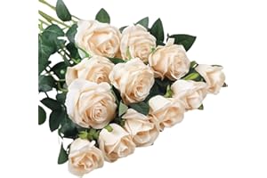 RHQFDM 12 Pezzi Rose Artificiali,51cm Rose Finte per Decorazioni,Fiori Artificiali di Seta,Rose Artificiali Realistiche,Rose Finte per Decorazione Della Casa,Giardino e Matrimonio(Champagne Chiaro)
