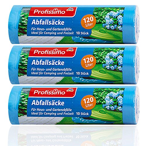 Profissimo Haushalts und Büro Müllsäcke – Reißfest und Flüssigkeitsdicht – Für Haus- und Büroabfälle – 120 Liter – 3er Pack (3 x 10 Stück) – Recyclebar – Besonders klein verpackt - 3