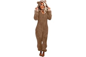 Briskorry Damen Jumpsuit Teddy Fleece Schlafanzug Einteiler Winter Warm Onesie Plüsch Kuschelig Overall Flauschig Hausanzug Lang Schlafoverall Weich Pyjama Schlafanzug mit Kapuze & Reißverschluss