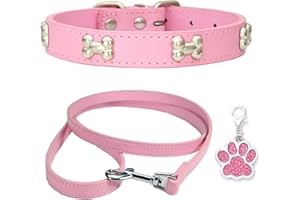 HALFSUMO Obroża dla psa, skórzana obroża dla psa, smycz combo, regulowana, dla małych i średnich psów, kotów, różowa, S