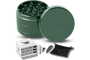LAZY KING Premium Keramik Grinder Crusher - 63 mm, 4-teilig - Set mit Reinigungsbürste, Glasfilter Tragetasche, Pollen Scraper - Kräutermühle mit Nano Keramik Beschichtung (Grün ohne Gravur)