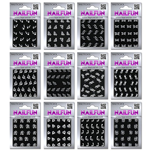 12 Packungen Nail Sticker weiss mit Strass Glitzerpunkten selbstklebend - wunderschöne Motive - Nagelsticker - Nailsticker