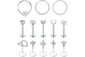 AceFun 16G Piercing Cartilagine Trago Elica Orecchini Acciaio Chirurgico e Acrilico Trasparente Piercing Labbro Naso Retainers Argento Oro Rosa Piercing Gioielli per Donna Uomo