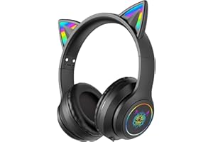PHNIXGAM Wireless Bluetooth Kopfhörer für Kinder, mit 3,5mm verdrahtetem Modus nur für Audio, Faltbarer Kopfhörer mit Mikrofon, RGB Licht, für Schule Gaming, Kompatibel mit Handys PC Table (A Schwarz)
