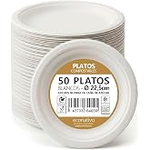 Econativo Disposable Plates 22.5 cm Pack of 50 - Disposable Sugar Cane Plates - Biodegradable, Sturdy and Eco-Friendly - Idea