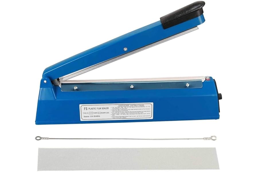 Heat Sealer, Impulse Plastic Bag Sealer, Manual Seal Food Packing Machine, Heat Sealing Applicable & 1 Extra Replace Element Grip, Metal/ABS,for Plastic Bags PE PP Bags (blue-200mm)