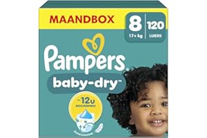 ‎PAMPERS Pampers Pieluchy rozmiar 8 (17 kg+) Baby-Dry, bardzo duże, pudełko miesięczne, do 12 godzin, kompleksowa ochrona przed wyciekiem, 120 sztuk (1 opakowanie)