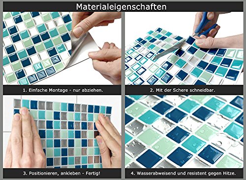4er Pack 25,3 x 25,3 cm Wandaro 3D Fliesenaufkleber W3329 große Auswahl für Küche Bad Fliesenfolie selbstklebend Wandaufkleber blau türkis silber Design 2 - 6