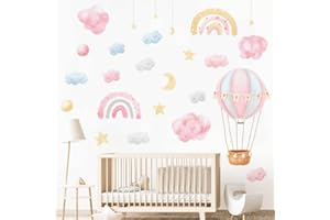 KSOPSDEY Cartone Animato Rosa Luna Stelle Adesivi Murali, Mongolfiera Nuvole Arcobaleno Adesivi Murali, Sticker Murale Rimovibile Fai-Da-Te, Per Cameretta Nursery Baby Wall Decor(Rose)