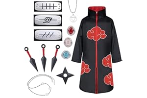 JMOCD Déguisement Akatsuki Itachi Hidan Costume Adulte Enfant Cape, Akatsuki Tenue Manga Cosplay Bandeau Bague Collier Accessoires Carnaval Homme Femme Fille Garcon Halloween