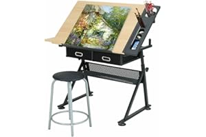 OUNUO Table à Dessin Inclinable - avec 2 Grands Tiroirs, pour Beaux-Arts, Cours de Travail, Les Architectes, Ingénierie - Bureau （Tabouret Inclus）