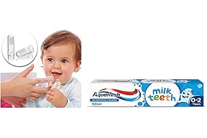 Aquafresh Milk Teeth Babies Toothpaste 50ml + Sanitral Baby 0-2 Years Silicone Finger Toothbrush (Set of 2)