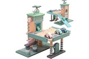 MERKAN, Kinder Holzparkplatz mit Accessoires, Zweistöckige Holz-Fahrzeuggarage,Skandinavische Farbgebung, Holzspielzeug für Kinder, Interaktives Spielzeug, Zubehör inklusive,