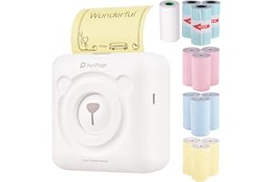 Bisofice Stampante fotografica A6, mini stampante termica tascabile, stampante portatile wireless BT per etichette per foto, memo per ricevute, con 12 rotoli di carta termica 57 x 30 mm, bianco