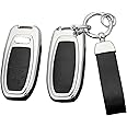 LEXKASO Car Key Fob Cover with Keychain for Audi Accessories, Car Key Holder for Audi Q5 A4 A5 A6 A7 A8, Car Key Case for 3-Button Smart Remote, Zinc Alloy+Leather Car Key Shells (Black)