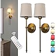 Permo Set of 2 Battery Operated Wall Light Linen Fabric Shade Wall Sconce Wireless Rechargeable Wall Lamp RGB Color Changing Dimmable Lighting Decor for Bedroom Living Room Hallway (Antique)