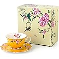 Eplze Pink Peony Flowers Pattern Ceramic Tea Cup with Saucer, Bone China Teacup for Afternoon Tea or Home Décor- Yellow (Cup and Saucer Set)