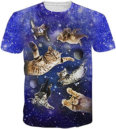HWHColor Men Women Galaxy Kitty Cats Flying In Space T-Shirt Cool Graphic Tee